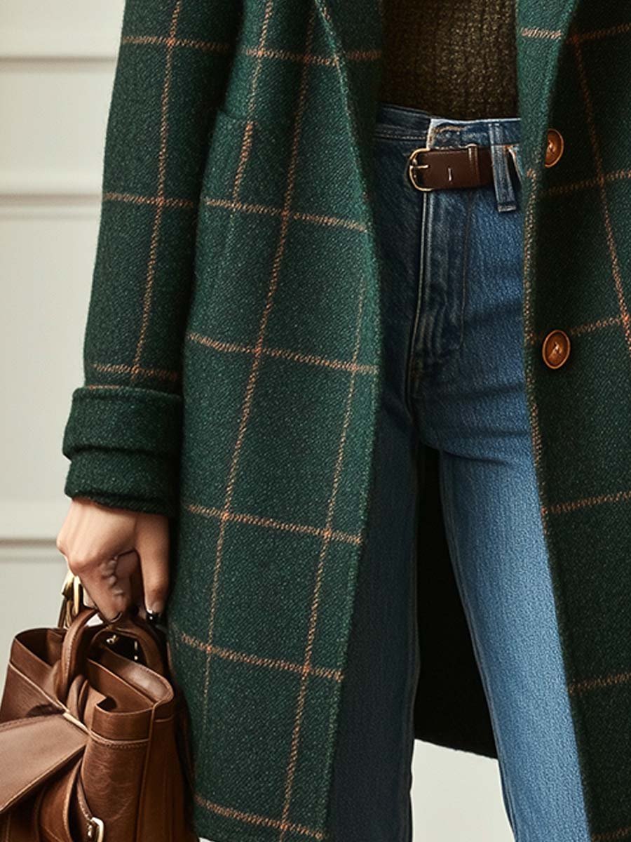 Women's Wool Check Coat – Lapel Collar