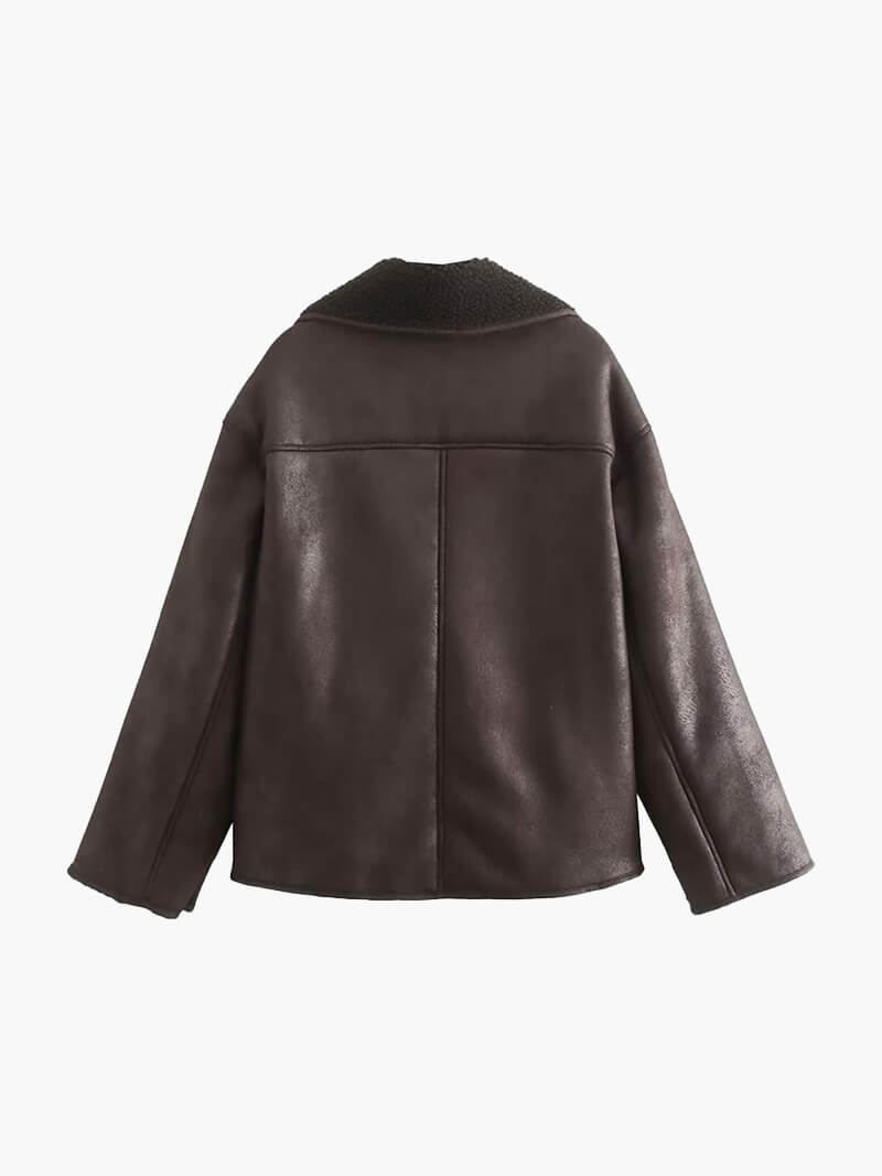 Women's Brown Faux Leather Jacket – Shearling Collar Coat