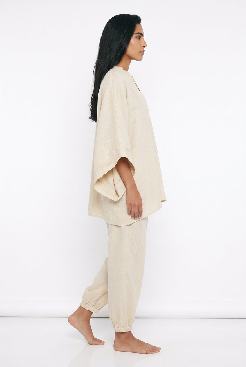 Women's Linen Co-ord Set – Oversized V-Neck Top & Tapered Trousers