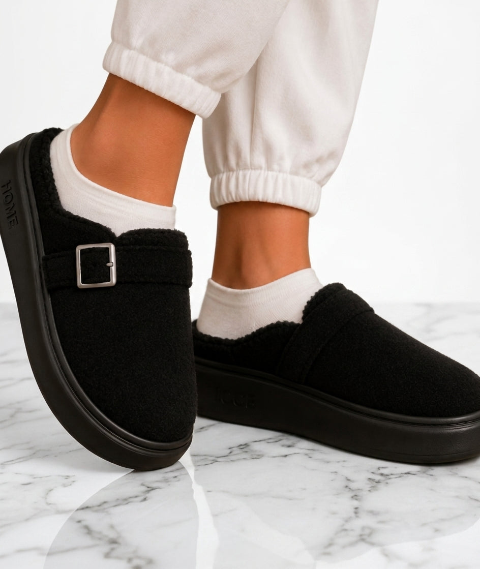 Women's Fleece Lined Buckle Slippers – Platform Sole Comfort Mules