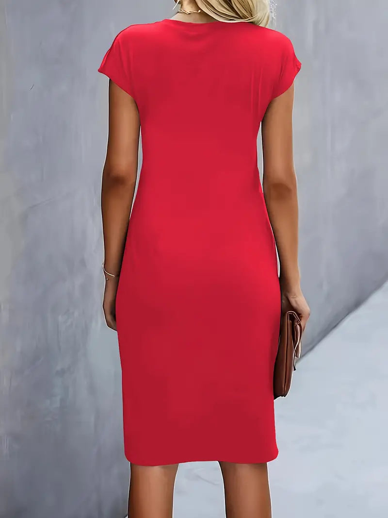 Women's Ruched Midi Dress – Twist-Front Bodycon Dress