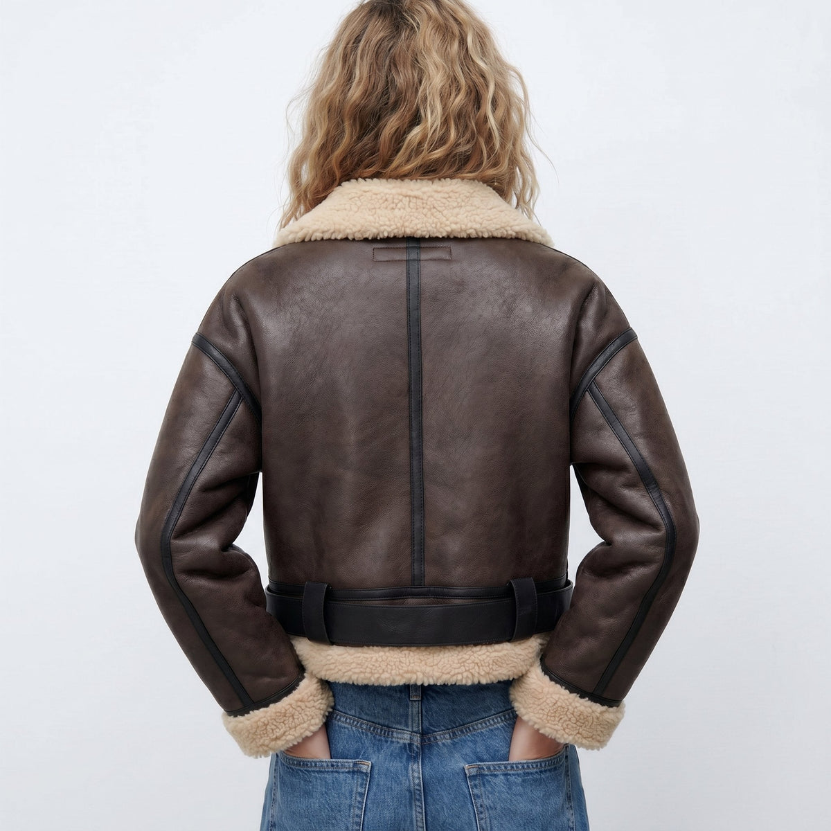 Women's Shearling Trim Cropped Bomber Jacket – Belted Aviator
