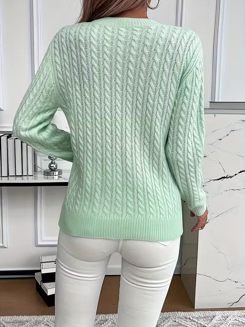 Women's Cable Knit Crew Neck Jumper – Ribbed Cuff Sweater