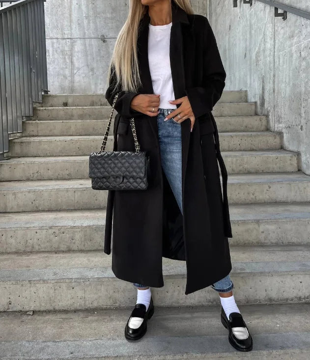 Women's Belted Wool-Blend Long Coat – Black