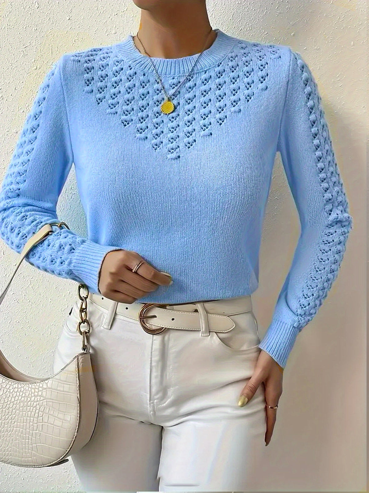 Women's Pointelle Knit Jumper – Crew Neck Sweater