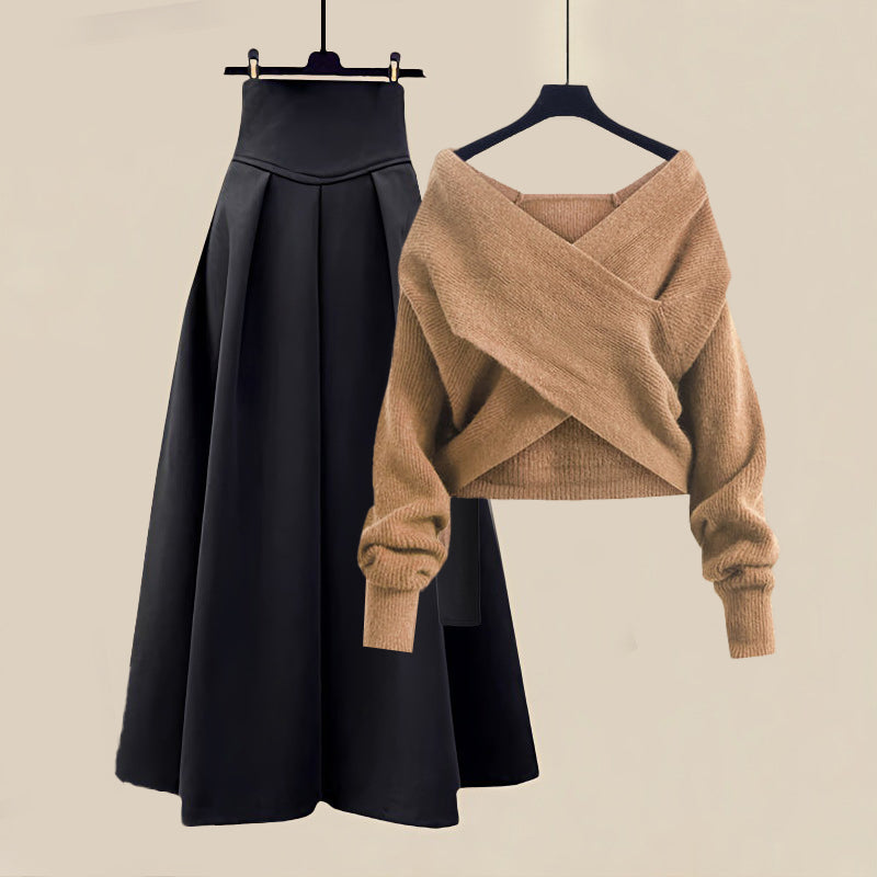 Women's Off-Shoulder Jumper & Midi Skirt Co-ord Set