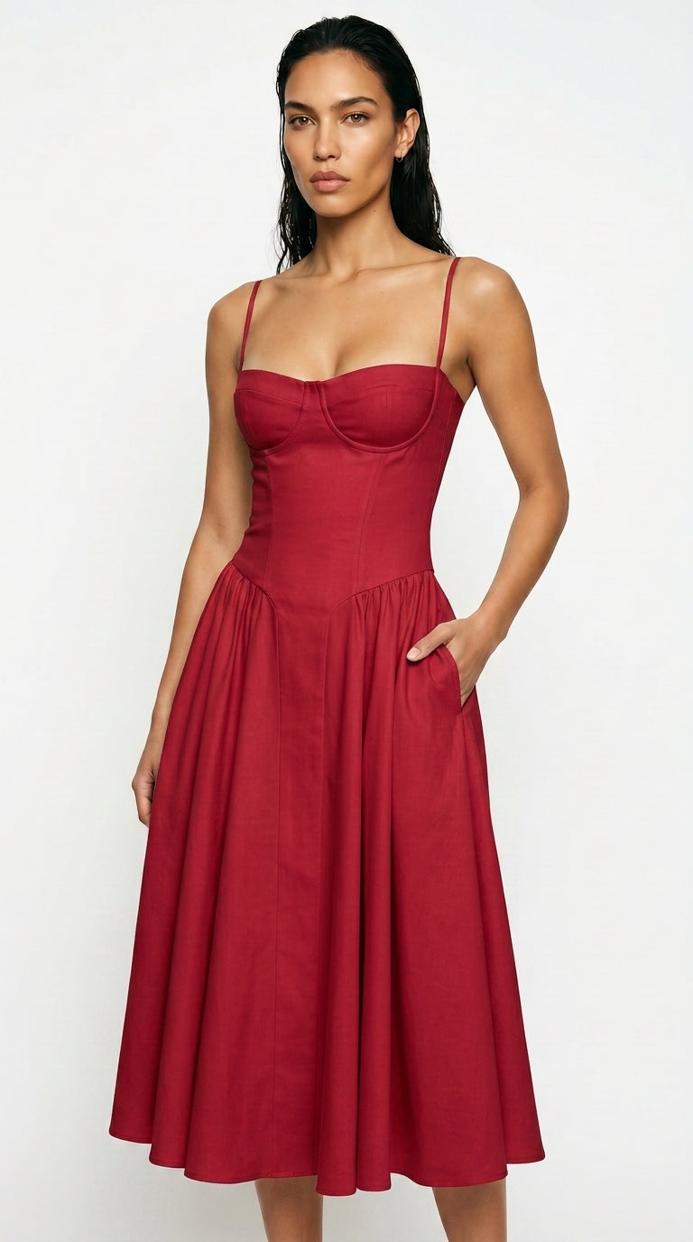 Women's Corset Midi Dress – Square Neck A-Line Dress with Pockets
