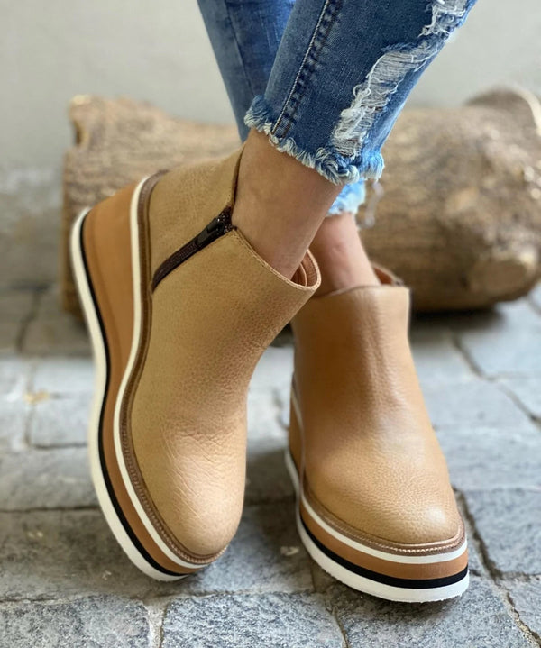 Women's Wedge Platform Ankle Boots - Side Zip – Beige