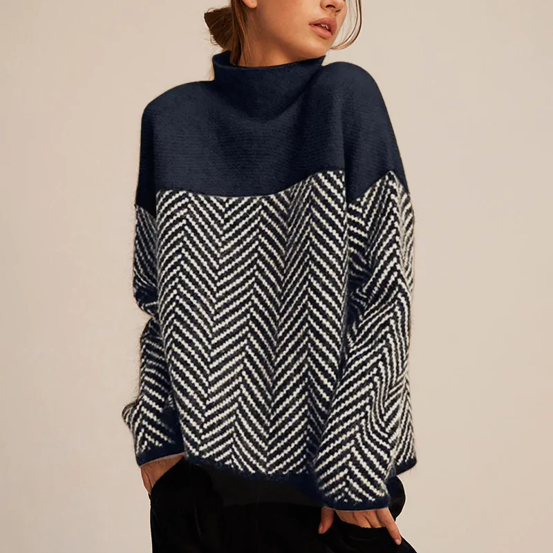 Women's Chevron Turtleneck Jumper – Colour Block Funnel Neck