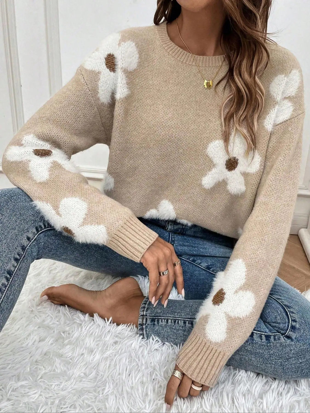 Women's Camel Floral Knit Jumper – Round Neck Winter Sweater