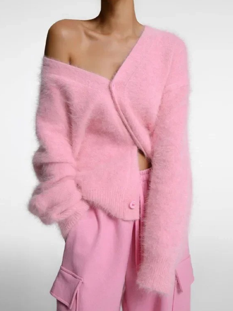 Women's Fluffy Knit Cardigan with Button Front