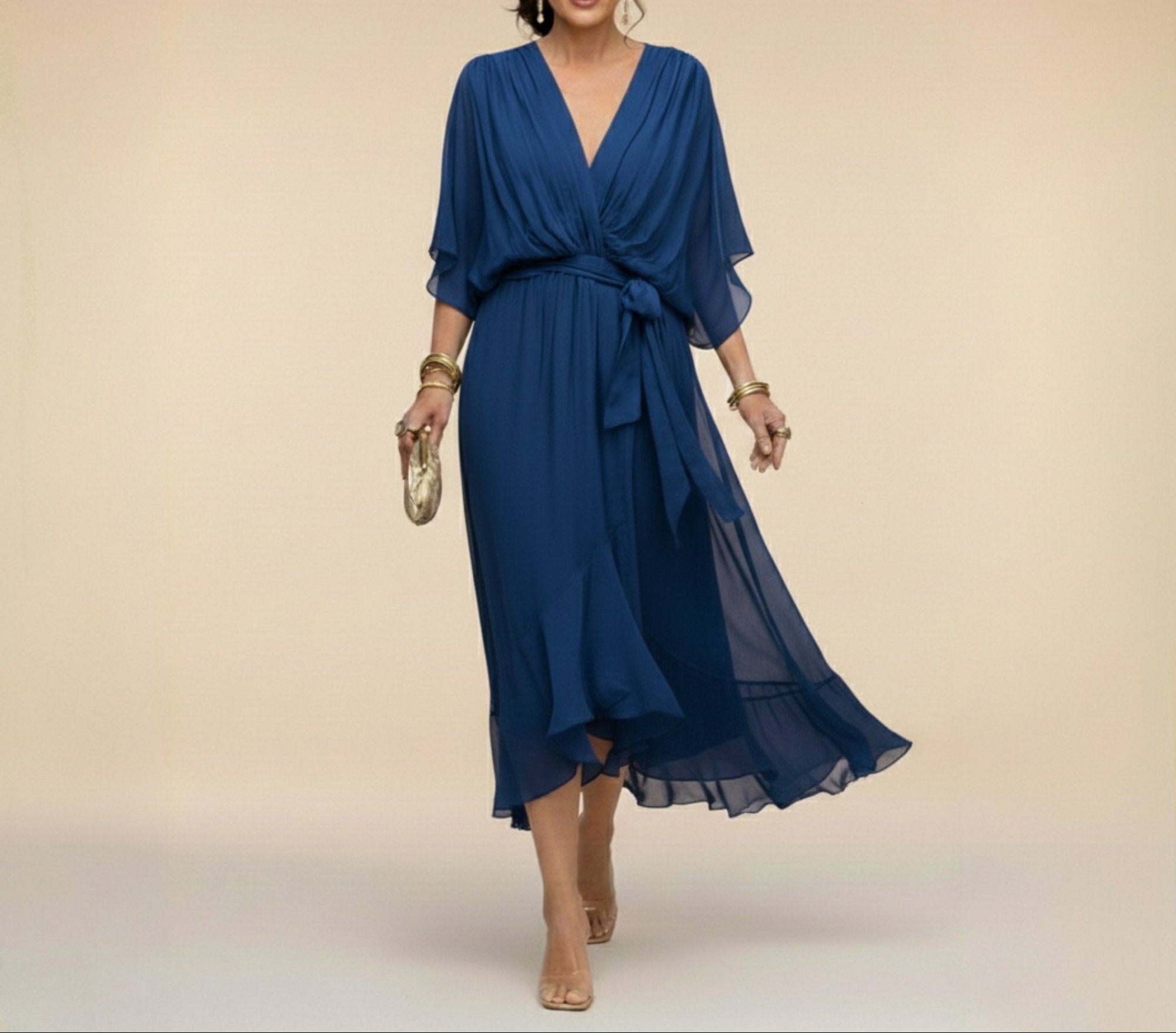 Women's Chiffon Wrap Midi Dress – V-Neck Kimono Sleeve