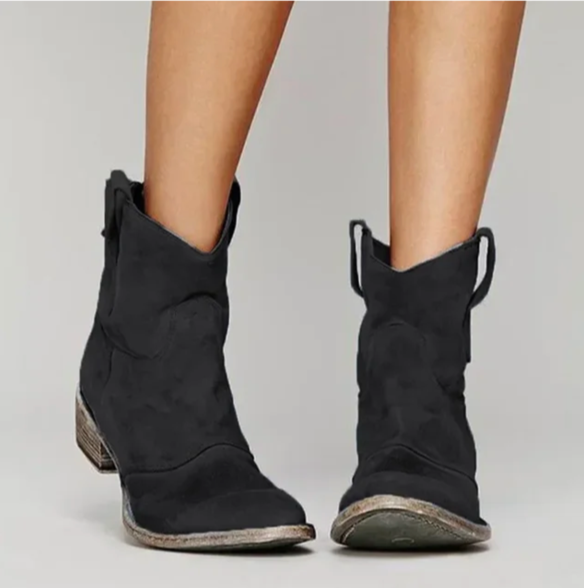 Women's Suede Western Ankle Boots Low Heel – Black