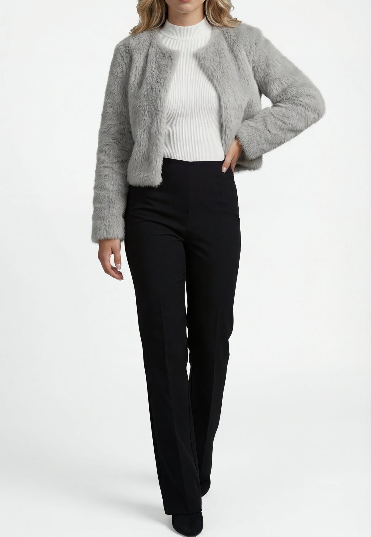 Women's Cropped Faux Fur Jacket – Collarless Evening Cover-Up