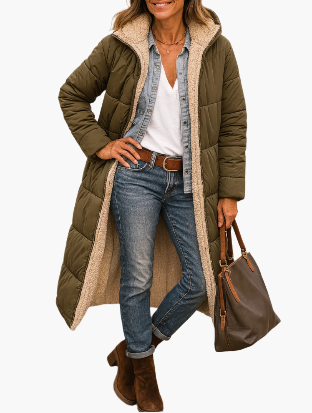 Women's Longline Hooded Puffer Jacket Fleece-Lined – Army Green