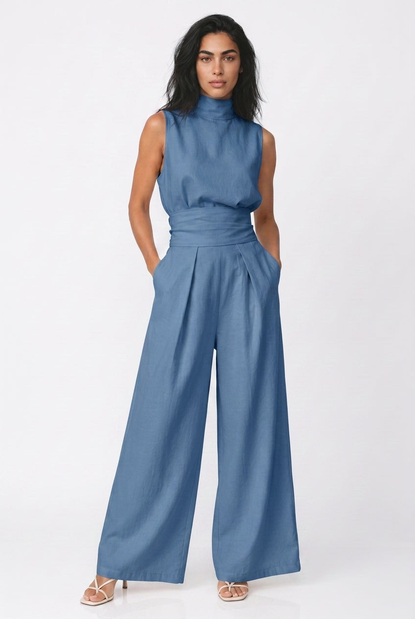 Women's Wide Leg Jumpsuit – Sleeveless High Neck Linen Jumpsuit
