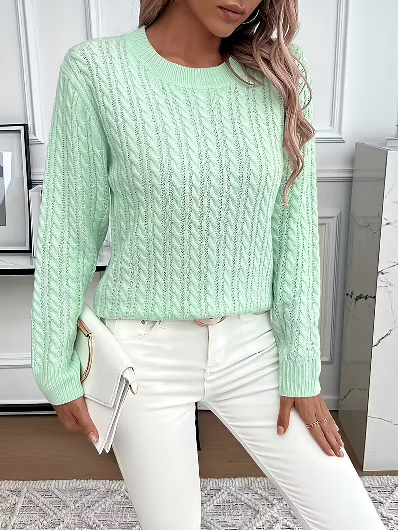 Women's Cable Knit Crew Neck Jumper – Ribbed Cuff Sweater