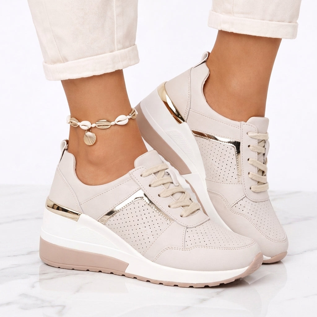 Women's Wedge Sneakers – Cushioned Comfort Trainers with Gold Detail
