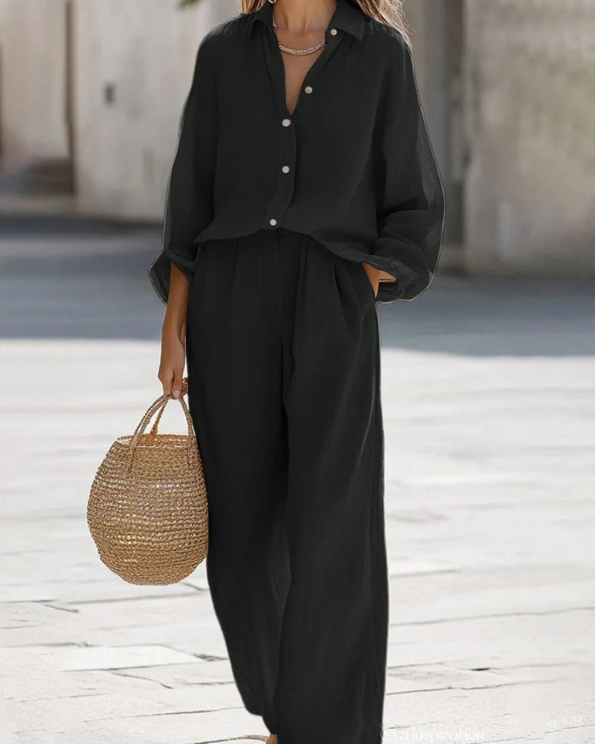 Women's Linen Co-ord Set – Long sleeve Shirt & Wide Leg Trousers