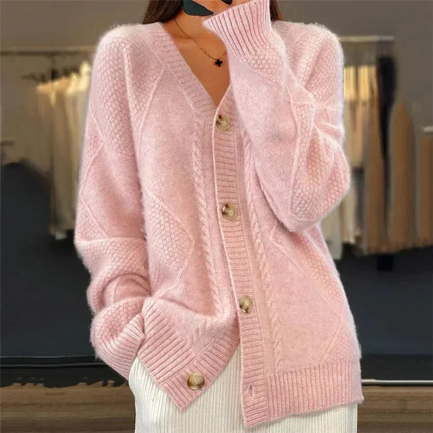 Women's Diamond Knit Cardigan – Button Front V-Neck Layer