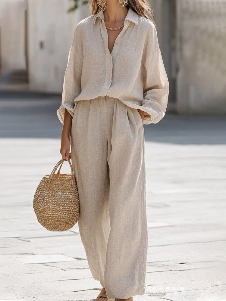 Women's Linen Co-ord Set – Oversized long Shirt & Wide Leg Trousers