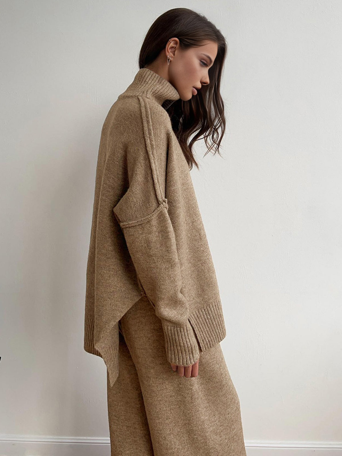 Women's Knitted Co-ord Set – Roll Neck Jumper & Wide Leg Trousers