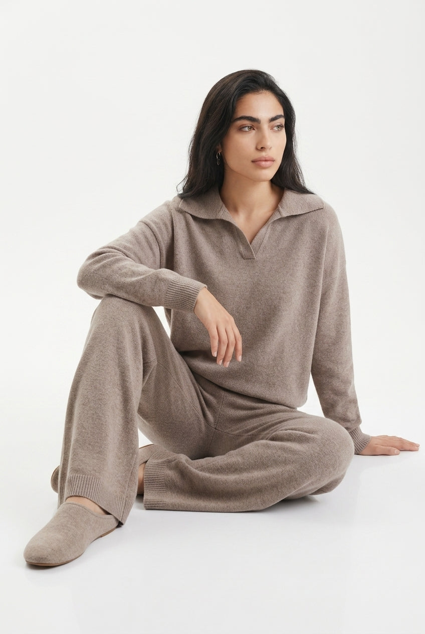 Women's Knitted Co-ord Set – Polo Collar & Wide Leg Trousers