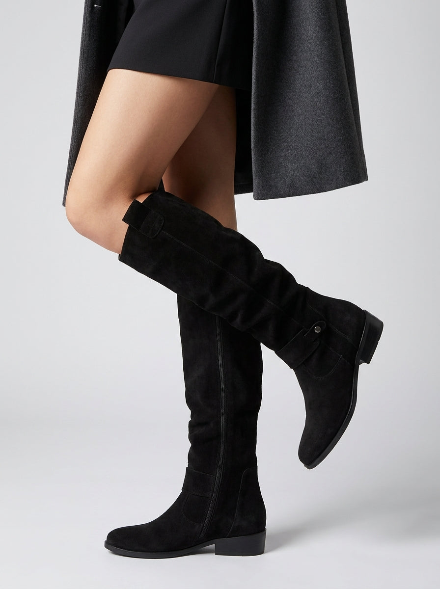Women's Suede Knee-High Boots – Slouchy Block Heel