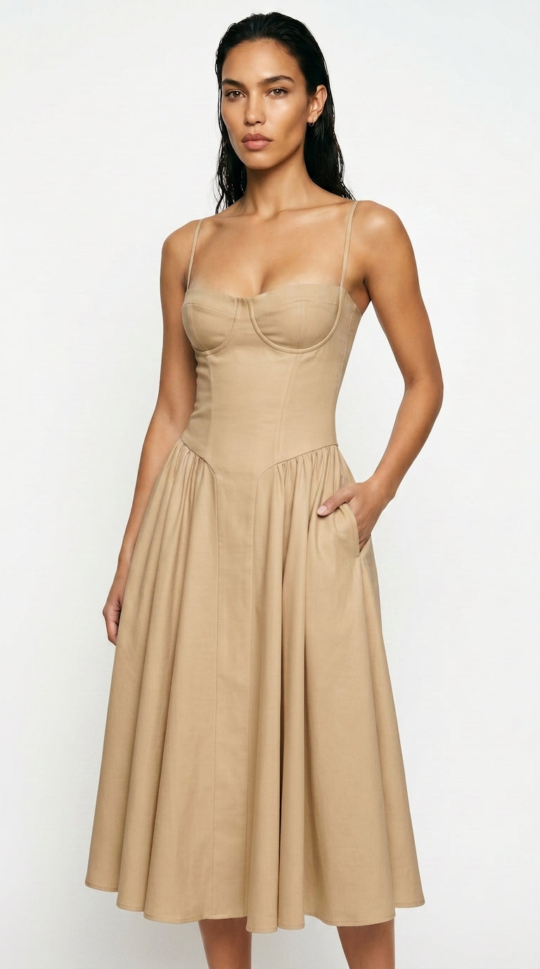 Women's Corset Midi Dress – Square Neck A-Line Dress with Pockets