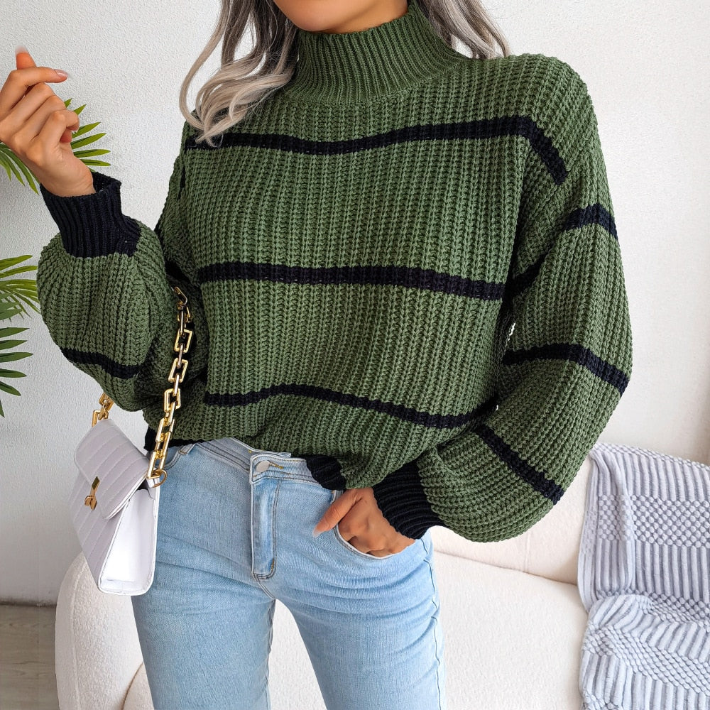 Women's Striped Knit Jumper – Mock Neck Pullover