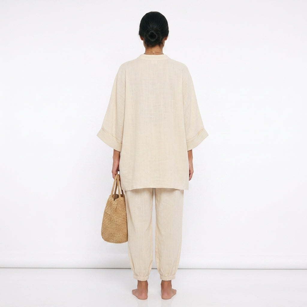 Women's Linen Co-ord Set – Oversized V-Neck Top & Tapered Trousers