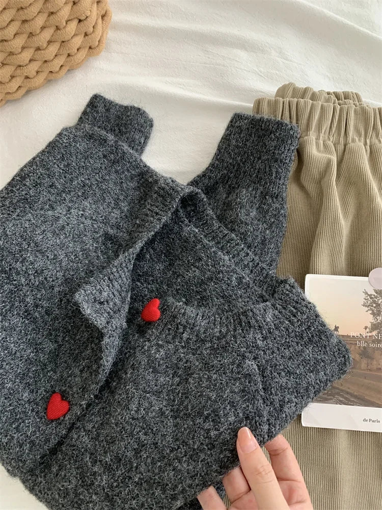 Women's Knit Cardigan – Heart Button Round Neck