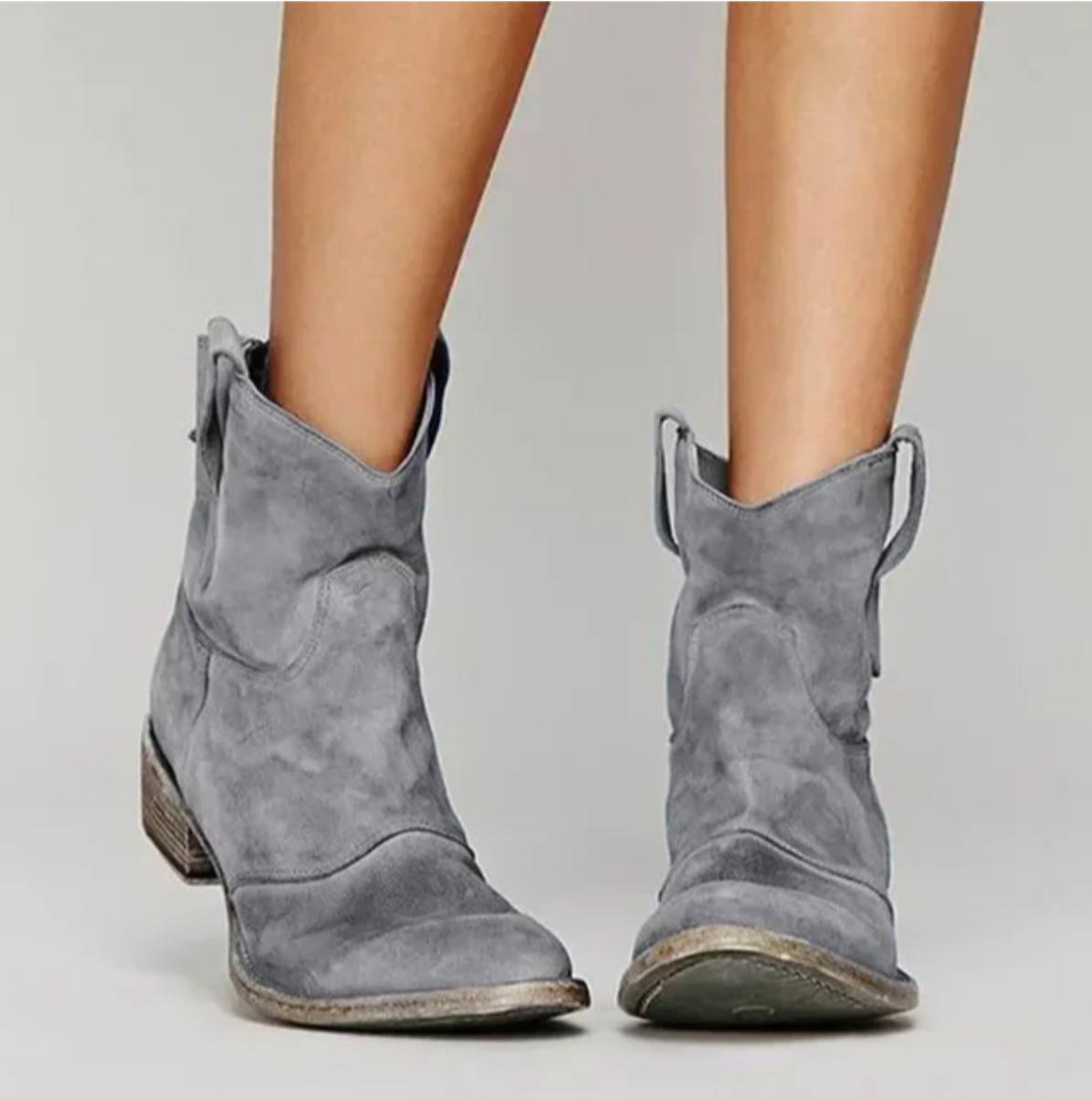 Women's Suede Western Ankle Boots Low Heel – Grey