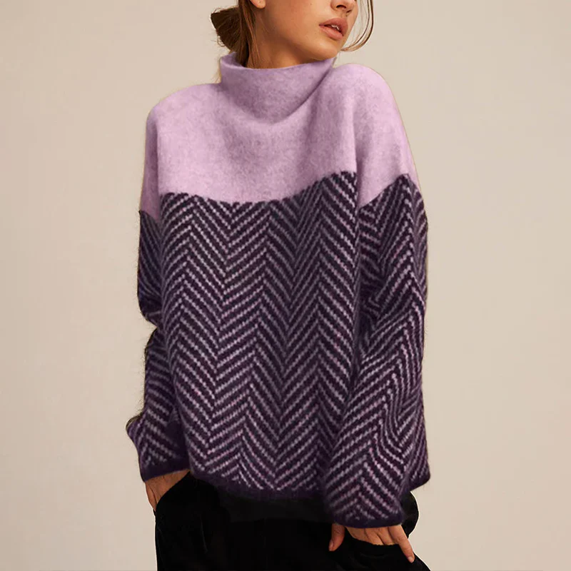 Women's Chevron Turtleneck Jumper – Colour Block Funnel Neck