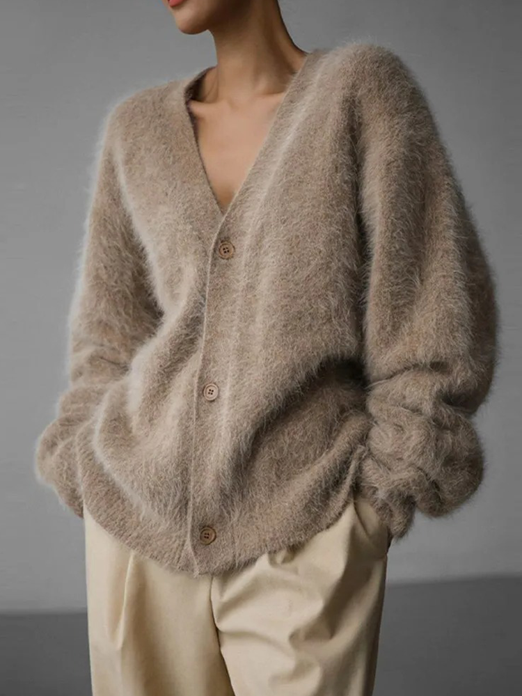 Women's Fluffy Knit Cardigan with Button Front