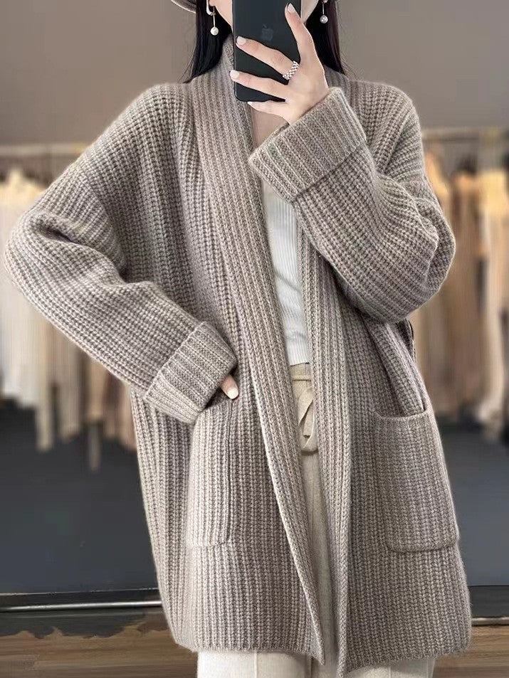 Women's Ribbed Oversized Open-Front Cardigan with Pockets
