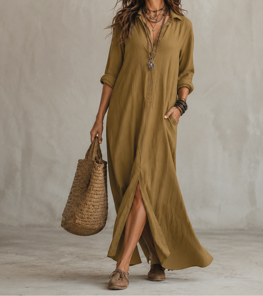 Women's Linen Shirt Dress – Long Sleeve Maxi Dress with Buttons