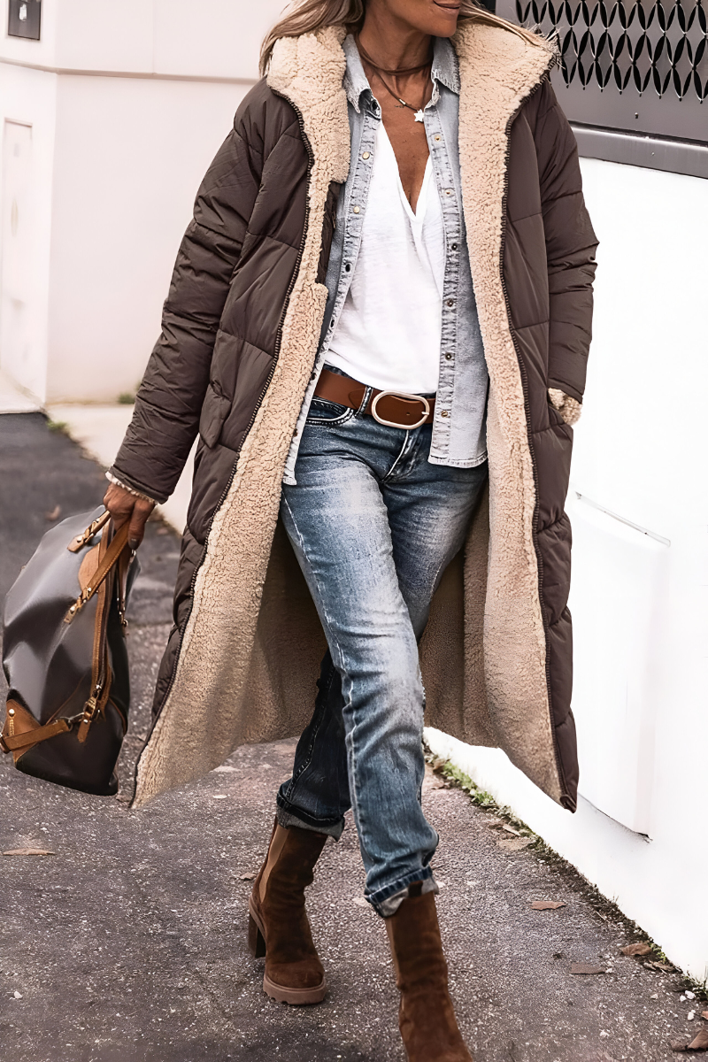 Women's Longline Sherpa-Lined Puffer Coat with Hood