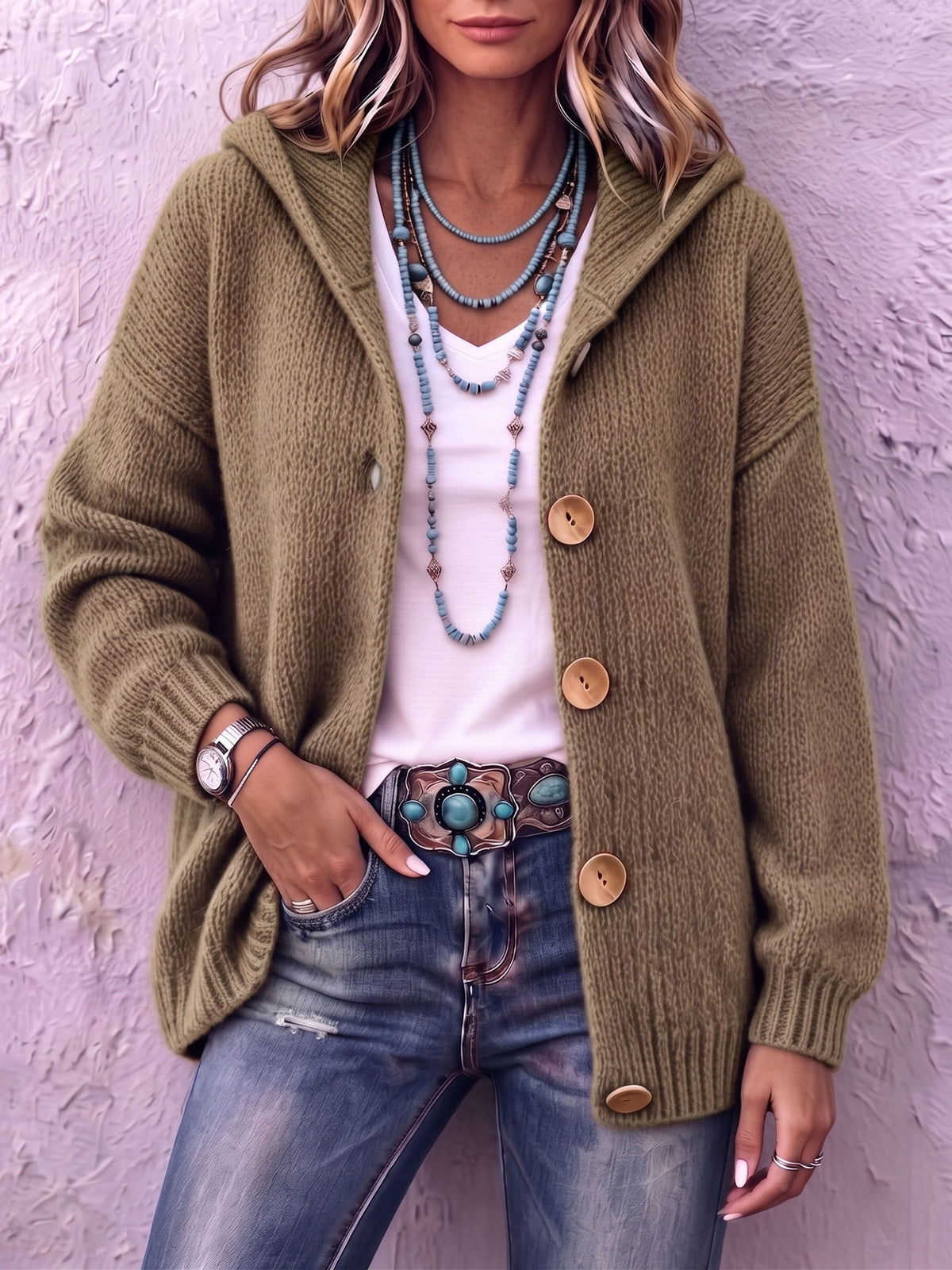 Women's Hooded Knit Cardigan - Button-Front
