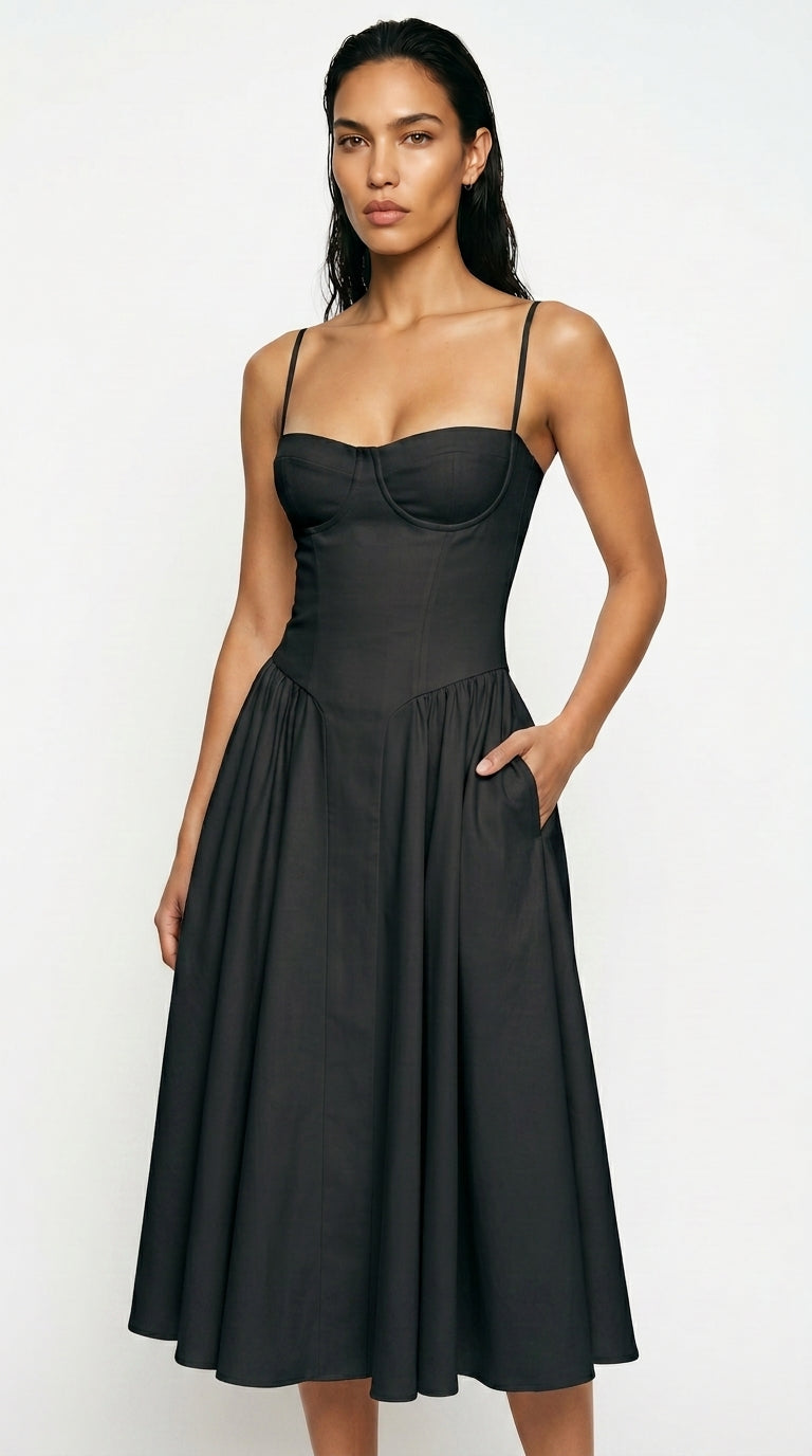 Women's Corset Midi Dress – Square Neck A-Line Dress with Pockets