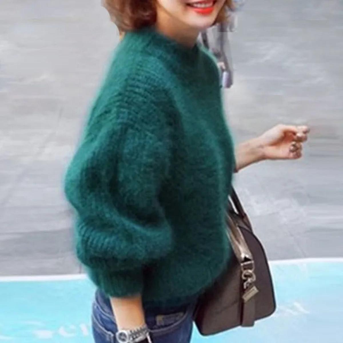 Women's Fluffy High Collar Jumper – Green