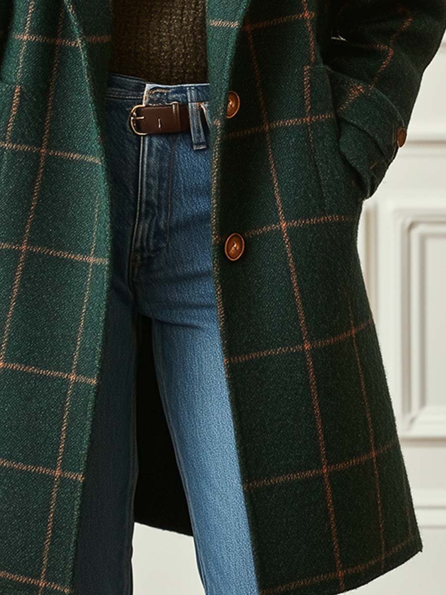 Women's Wool Check Coat – Lapel Collar