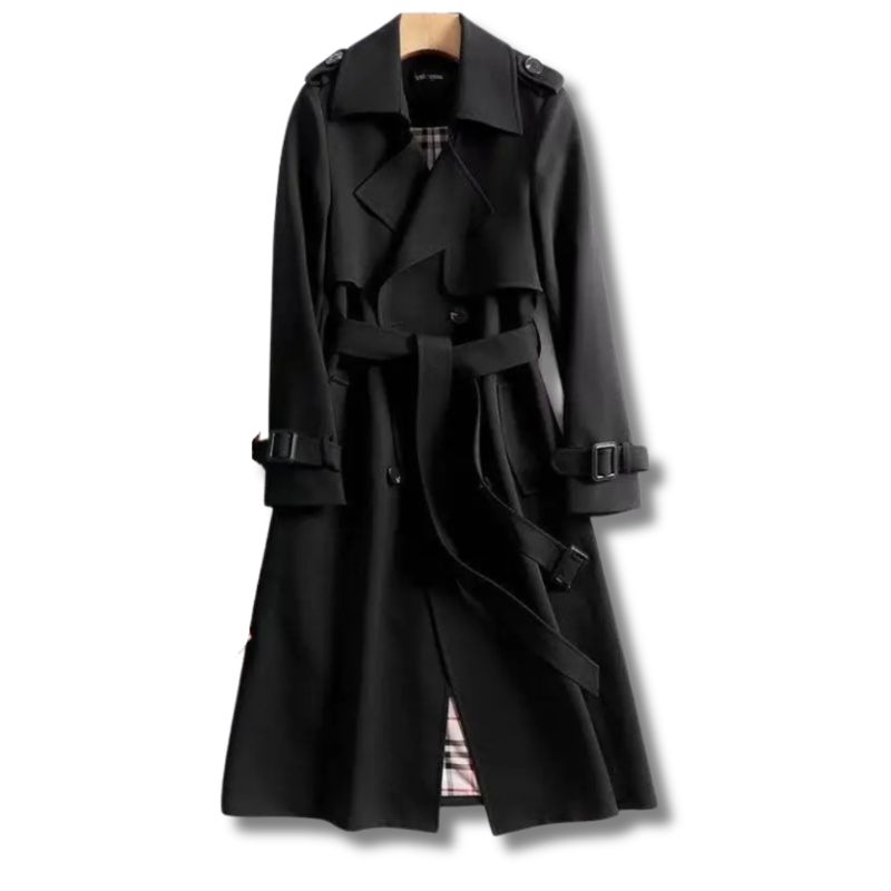 Women's Belted Trench Coat – Double-Breasted Winter – Black