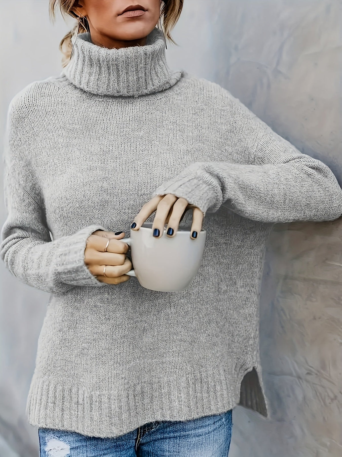 Women's Cowl Turtleneck Jumper – Split Hem Knit Sweater
