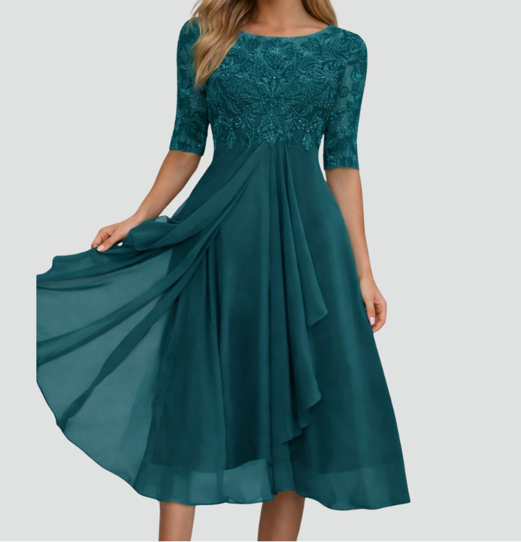 Women's Lace Bodice Midi Dress – Chiffon A-Line Party Dress