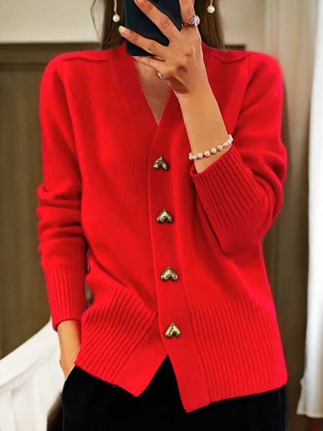 Women's V-Neck Knit Cardigan – Heart-Button Detail