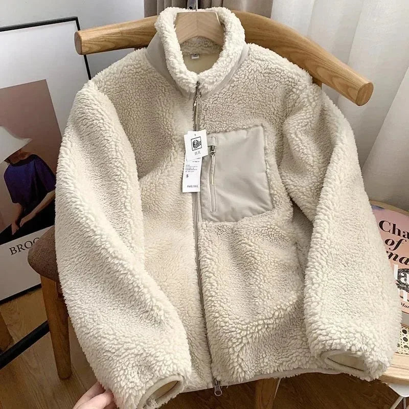 Women's Teddy Fleece Jacket – High Collar Contrast Zip Pocket
