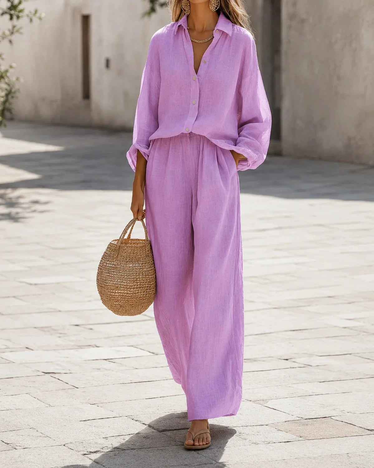 Women's Linen Co-ord Set – Long sleeve Shirt & Wide Leg Trousers