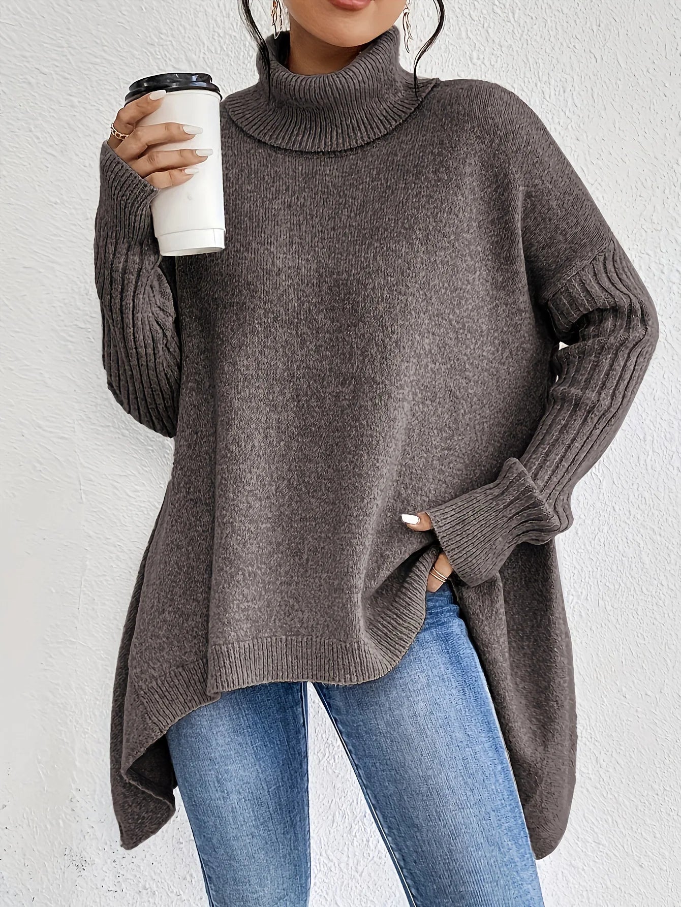 Women's Oversized Knit Turtleneck Jumper – Asymmetric Hem