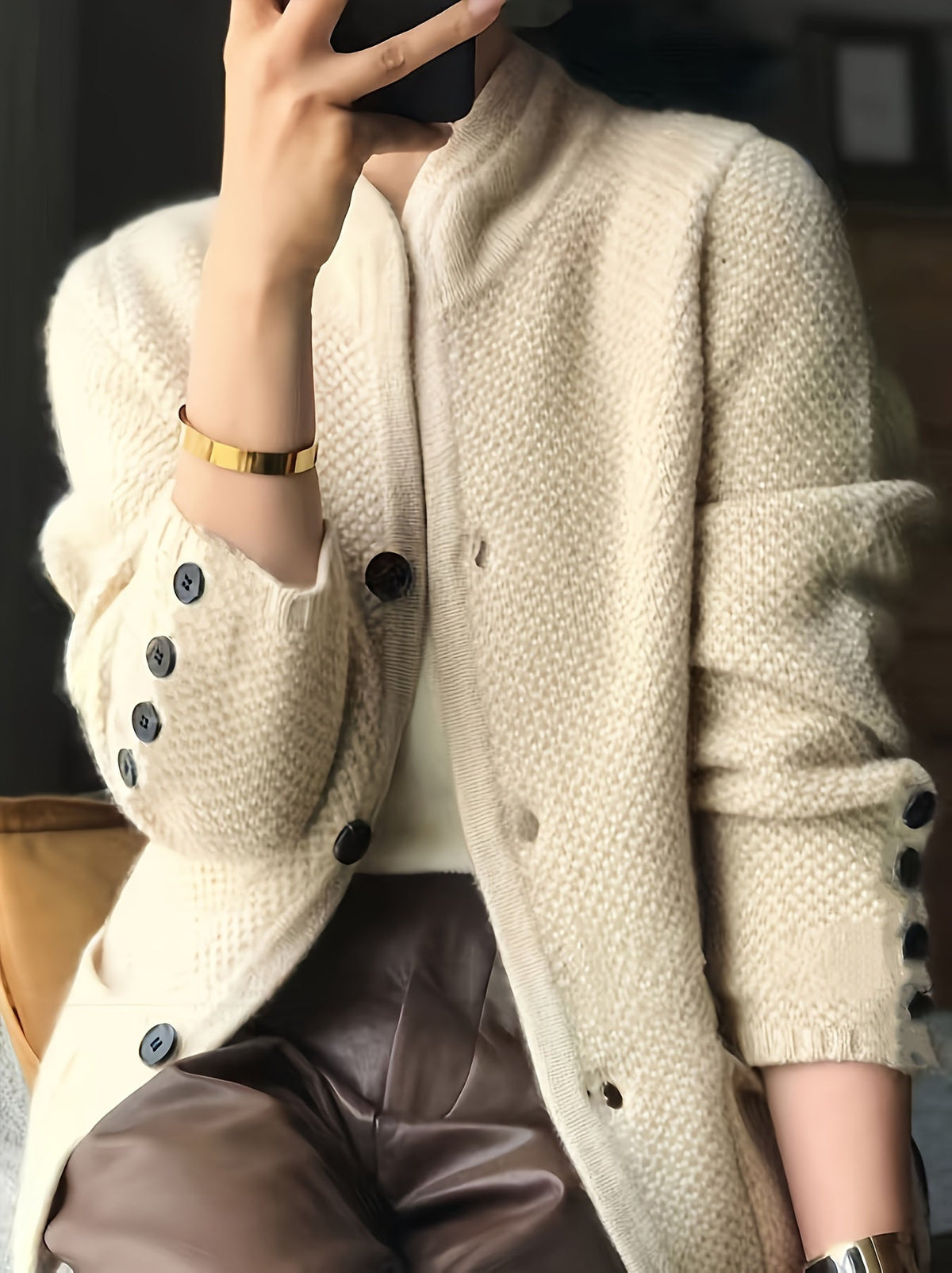 Women's Textured Knit Cardigan – Stand Collar Button Front